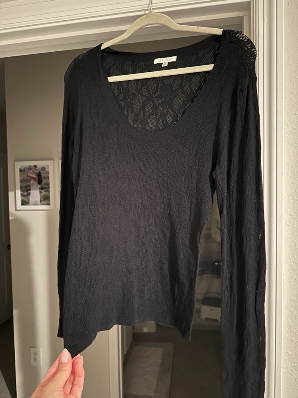 Z Supply Black Long Sleeve Lace Scoop Neck Top